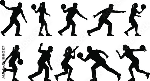 Bowling player silhouette illustration set, men and women throwing ball action poses, professional sports movement, black vector fitness icons collection