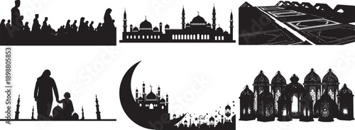 Eid Mubarak Vector Graphics: Gift Bag, Praying Figure, Arabic Script, and Mosque Silhouettes