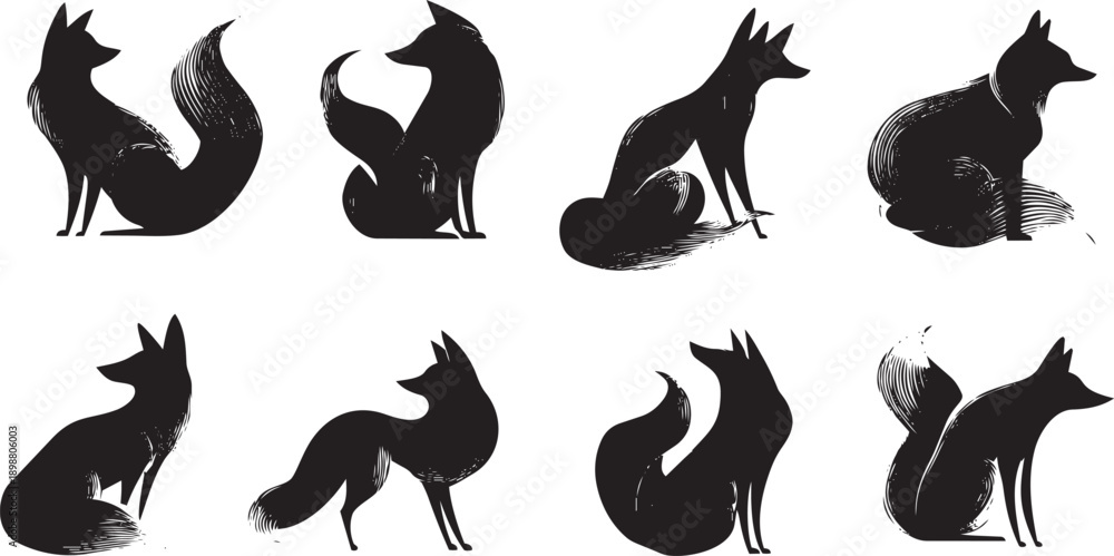 Fototapeta premium Set of nine black silhouette wolves howling running sitting isolated on white background vector illustration animal wildlife nature 