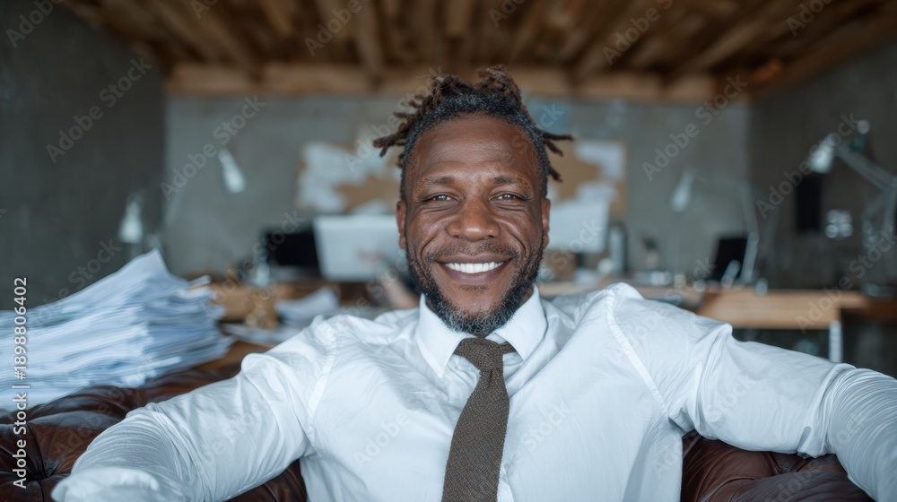 Obraz premium In this image, a confident businessman sits in a modern office, smiling warmly, embodying success and professionalism, showcasing a lively workplace atmosphere and leadership.