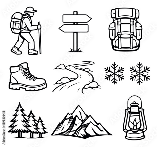 Hand drawn line art outdoor adventure set featuring a hiker, backpack, boot, mountain, and trees for nature exploration