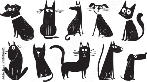 Collection of black and white cat silhouettes in various playful poses vector illustration set for pet lovers
