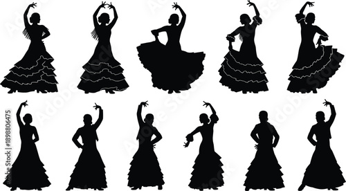 Flamenco dancer silhouette collection, Spanish women dancing poses, traditional dress movement, black vector cultural performance, artistic dance icons set