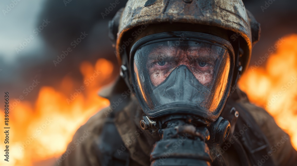 Fototapeta premium The courageous firefighter is in full gear, facing raging flames, symbolizing bravery, dedication, and resilience in an intense and hazardous situation.