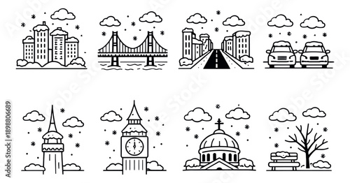 Hand drawn line art winter city icon set featuring buildings, a bridge, cars, landmarks and snow for urban travel and seasonal designs