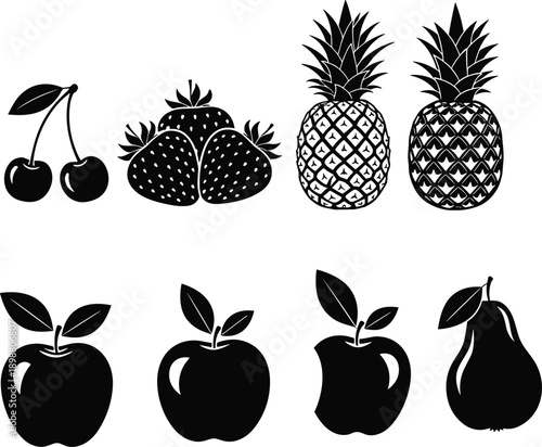 Fruit silhouette illustration set, cherries strawberries pineapples apples pears, black vector food icons, minimal healthy nutrition design collection