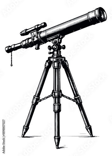 Hand drawn line art illustration of a telescope depicting an antique scientific instrument for astronomical observation