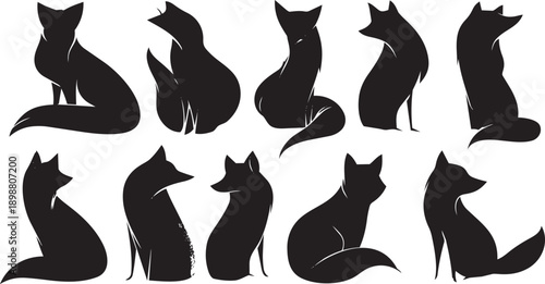 Set of  black silhouette fox icons sitting and standing isolated on white background vector illustration
