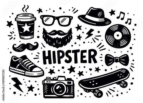 Hand drawn line art hipster elements set featuring beard, glasses, hat, coffee, and a skateboard for youth lifestyle design