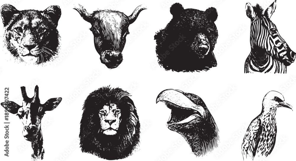 Fototapeta premium Black and white animal portraits set wildlife illustrations vector collection isolated on white background 