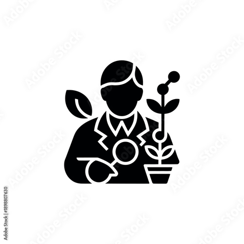 Botanist examining a plant with leaves in a minimalist style