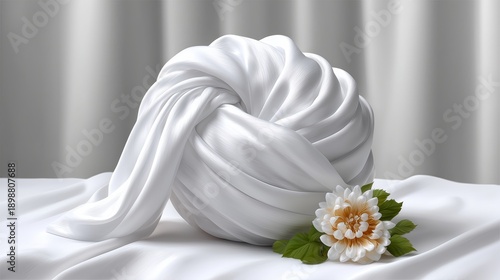 Soft white fabric twisted into a ball with a flower on a smooth surface