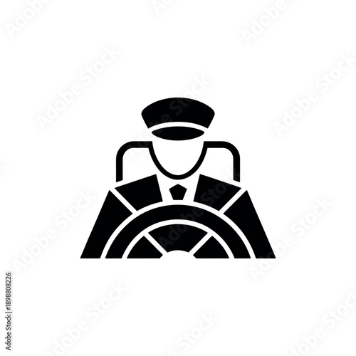A stylized black silhouette of a driver with a steering wheel