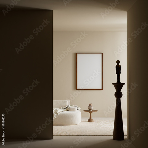 Soft daylight minimalist lounge with creamy low sofa, sculptural wooden pedestal and textured wall panel 3D illustration