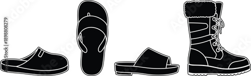 Footwear silhouettes collection, slippers flip flops sandals and winter boots black icons isolated on white background for fashion design