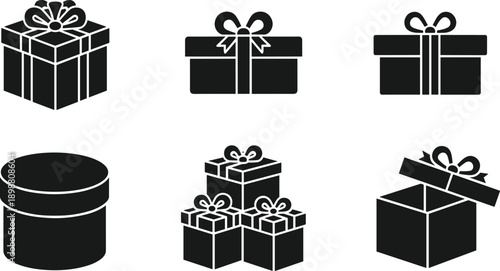 Gift box and present silhouettes set, black wrapped package icons isolated on white background for holiday celebration design