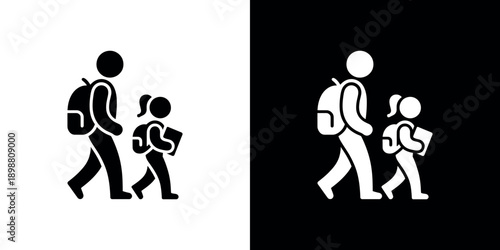 Silhouettes of a parent and child walking depicted in contrasting colors