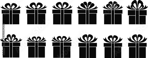 Gift box silhouettes collection, black present icons with ribbon bow isolated on white background for holiday celebration design