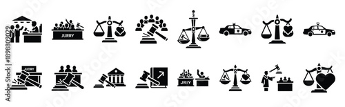 Vector symbols of legal court emblem simple silhouette icon set, black color and white background