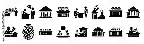 Vector symbols of legal justice emblem simple silhouette icon set, black color and white background