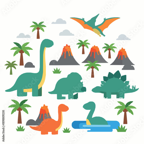 Cute dinosaur characters in prehistoric world flat vector illustration