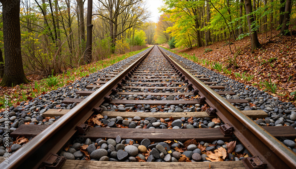 Fototapeta premium Railway tracks leading through colorful autumn forest, symbolizing journeys