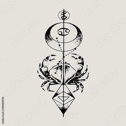 Zodiac Cancer Crab with Crescent Moon and Geometric Symbols