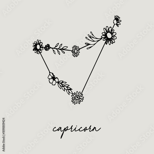 Floral Capricorn Constellation Design with Botanical Accents