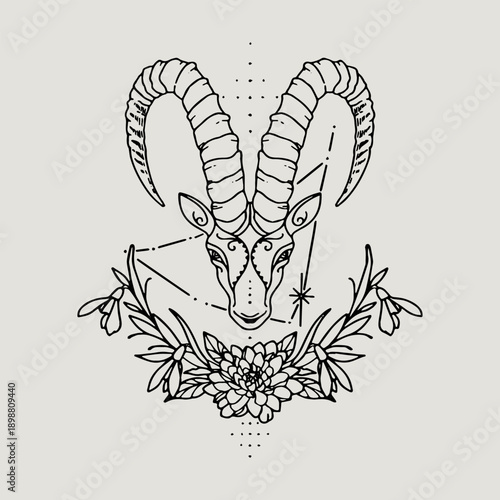 Zodiac Capricorn Goat Head with Flowers and Constellation
