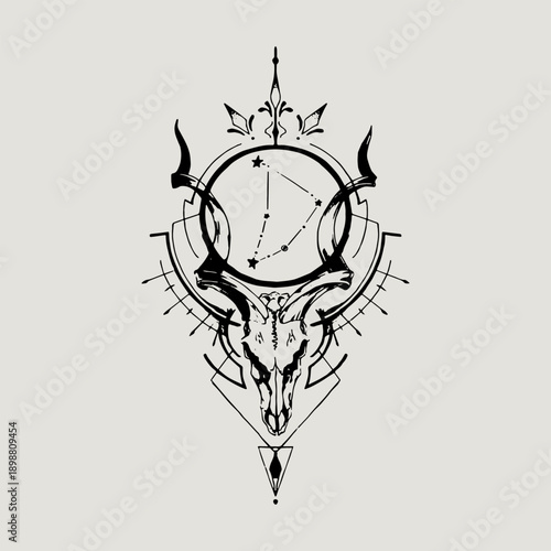 Zodiac Capricorn Constellation with Horned Skull and Stars