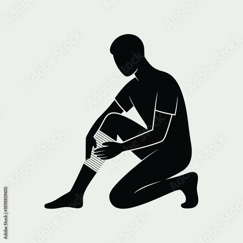 A person is kneeling down and wrapping their knee with a bandage. isolated on white background, Vector, illustration