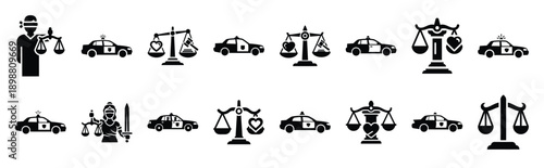 Vector symbols of police evidence bag simple silhouette icon set, black color and white background