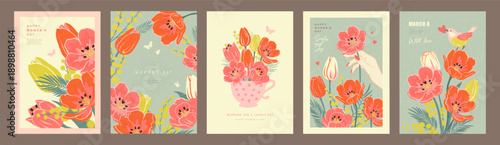 Set of Women's Day greeting card designs with hand drawn spring flowers in a soft pastel palette and grainy texture, for holiday greetings and female stationery, vector illustration.