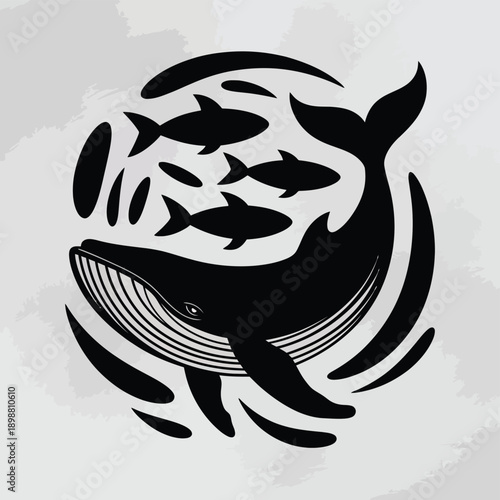A majestic black and white illustration of a whale with fish encircling it isolated on white background, Vector, illustration