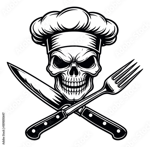 Line art illustration of a chef skull depicting a dangerous cooking mascot for restaurant branding