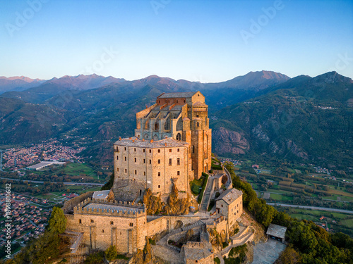 Obraz na płótnie Aerial view of the Sacra di San Michele at dawn, Piedmont, Italy