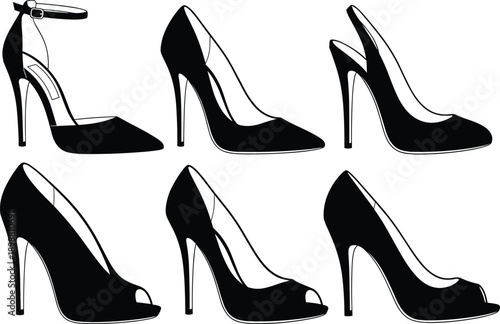 High heel shoes silhouette vector set, women fashion pumps collection, elegant stiletto footwear illustration, black icons
