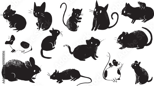 Collection of black and white cat and rodent silhouettes in playful poses vector illustration set for pet lovers
