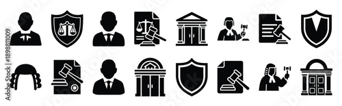 Vector symbols of court hearing simple silhouette icon set, black color and white background
