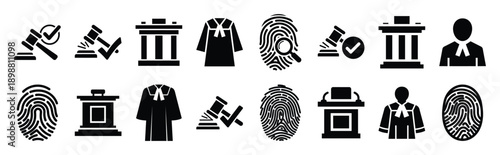 Vector symbols of court session simple silhouette icon set, black color and white background