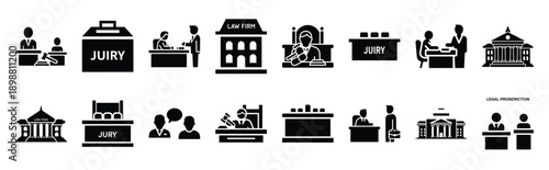 Vector symbols of court witness oath simple silhouette icon set, black color and white background