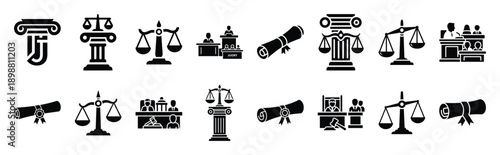 Vector symbols of courthouse steps simple silhouette icon set, black color and white background