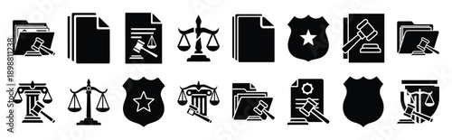 Vector symbols of evidence folder simple silhouette icon set, black color and white background
