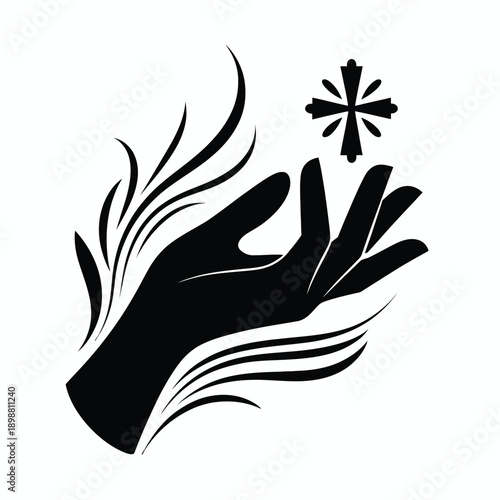 A hand reaching out to a glowing cross symbol in the sky isolated on white background, Vector, illustration