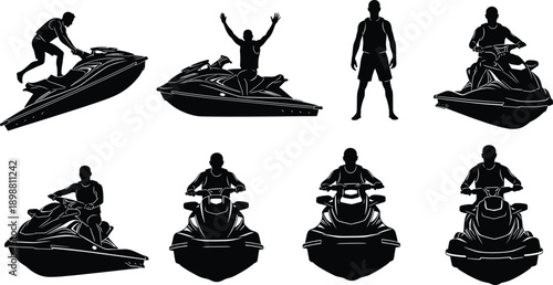 Jet ski silhouette illustration set, people riding personal watercraft, extreme water sports action poses, black vector marine adventure icons collection