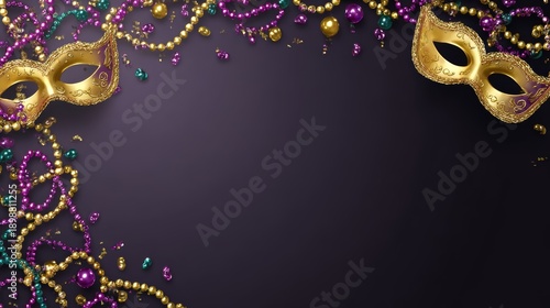Elegant mardi gras themed background with beads and masks for Fat Tuesday, with space for text. 