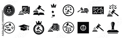 Vector symbols of judge decision simple silhouette icon set, black color and white background