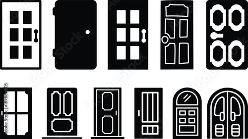 Door icons big set. Open door icons. Open, close and ajar door, login, logout, register, password, vip entrance, key, lock, exit and more. Editable stroke. Vector illustration.