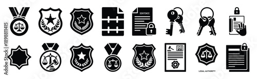 Vector symbols of judge order paper simple silhouette icon set, black color and white background