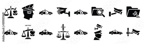 Vector symbols of judge ruling scroll simple silhouette icon set, black color and white background